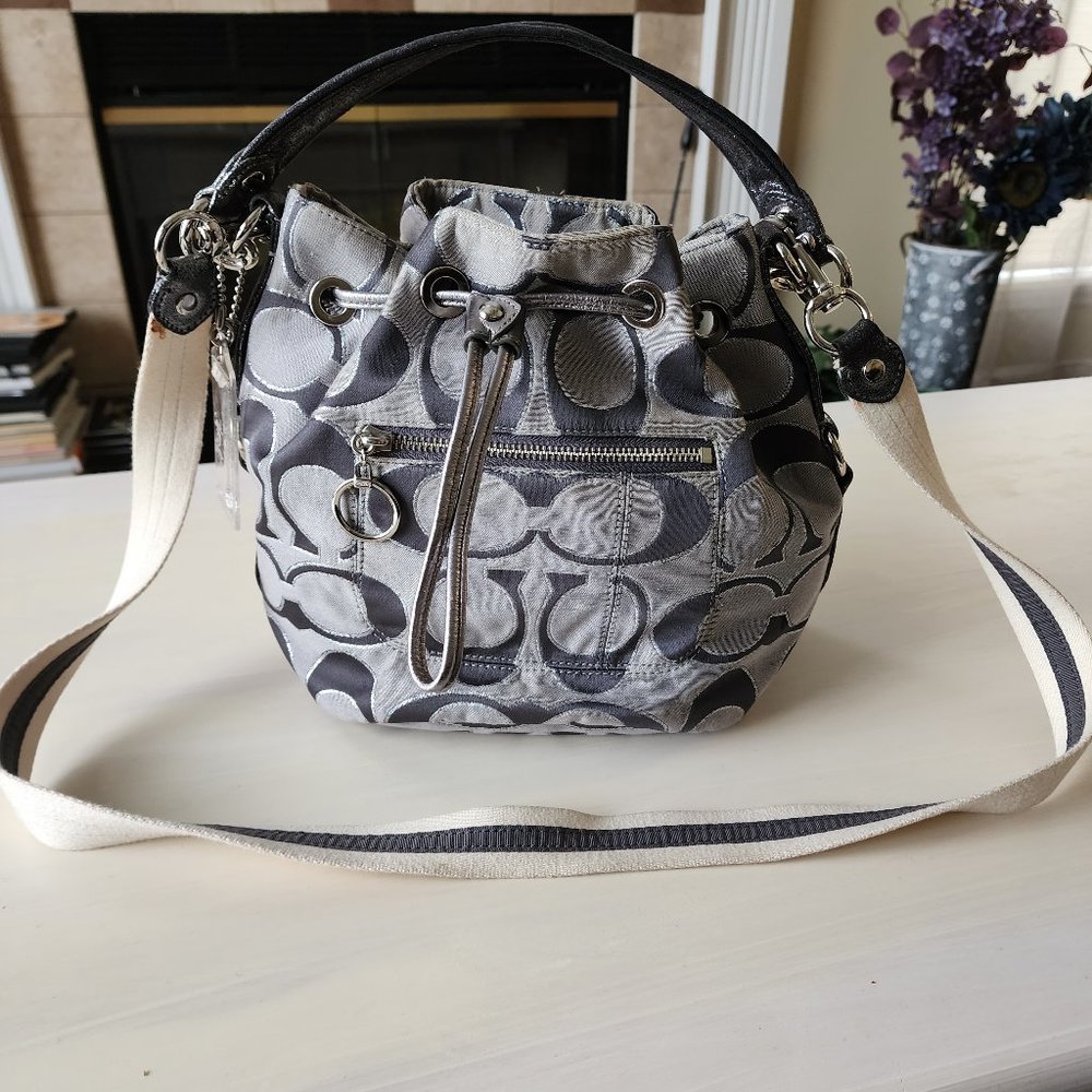 Coach Bucket Drawstring Grey Silver Leather Canvas